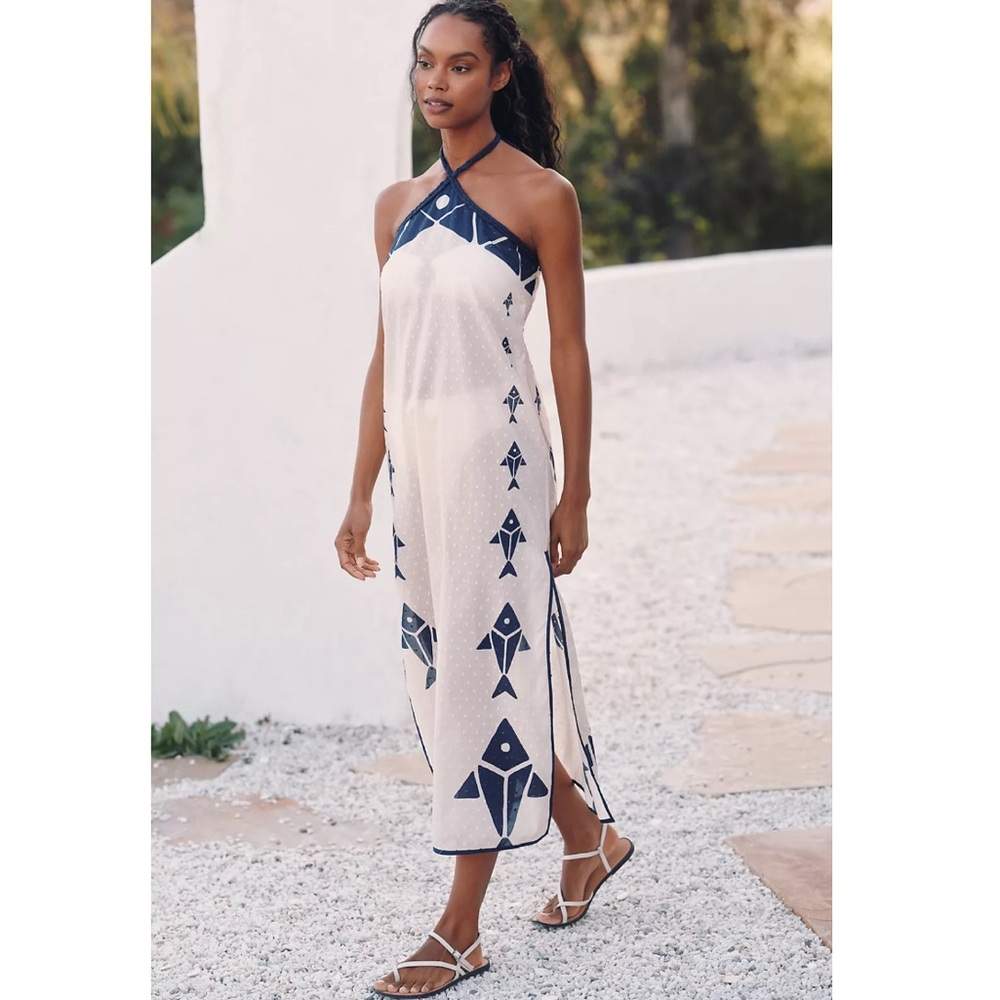 FARM Rio x Anthropologie Off White Grecian Halter Semi Sheer Cover-Up Dress XS